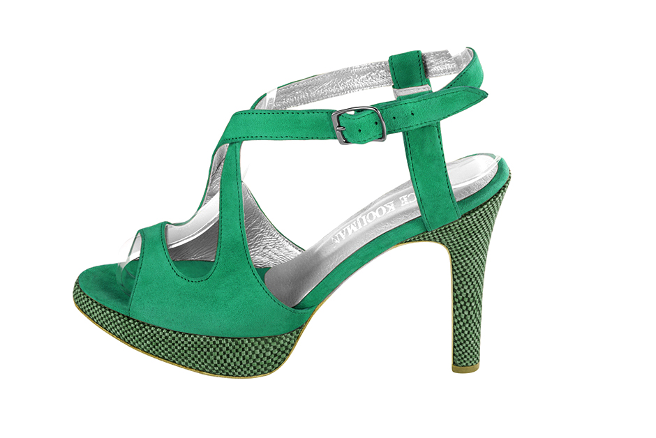 Women's emerald green elegant cross straps sandals. Round toe. High slim heel with a platform at the front - Profile view
